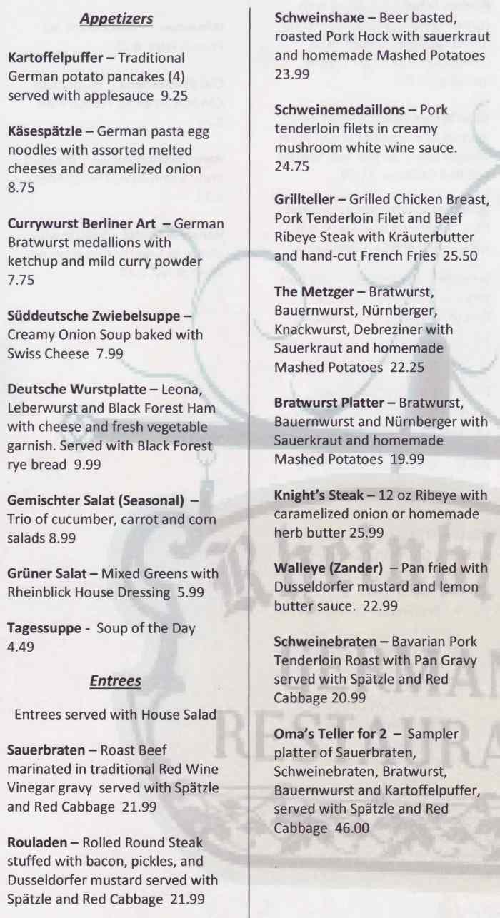 Rheinblick German Menu Canandaigua Ny